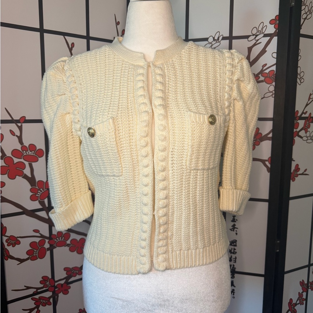 L'AGENCE Cream Knit Puff-Sleeve Cardigan with Braided Trim